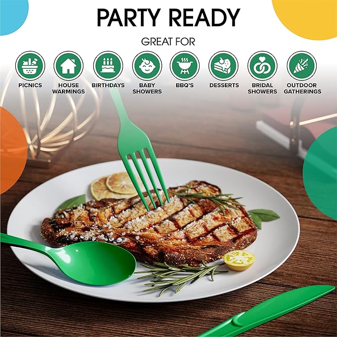 Party Solids Emerald Green Plastic Knives 200 Pcs Green Knives Disposable Utensils Heavy Duty Plastic Cutlery Set Disposable Cutlery Sets Flatware Sets Silverware Set Party Supplies & Party Tableware
