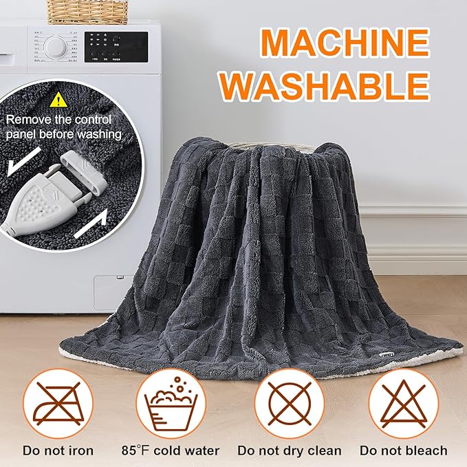 Electric Heated Blanket Queen Size Dual Control - Jacquard Checkered Sherpa 84"x90" Fast Heating Bed Blankets with 6 Heating Levels & 10 Hours Auto Off, Over-Heat Protection ETL, Dark Gray