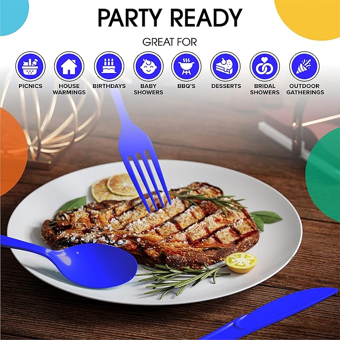 Party Solids Dark Blue Plastic Knives 200 Pcs Dark Blue Knives Disposable Utensils Heavy Duty Plastic Cutlery Set Disposable Cutlery Sets Flatware Sets Silverware Set Party Supplies & Party Tableware