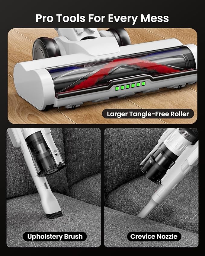 Cordless Vacuum Cleaner for Home, Upgraded 60Kpa Powerful Suction Pet Hair Vacuum with 70min Runtime, Green LED Light for Hardwood Floors & Carpet, Self-Standing Rechargeable Stick Vacuum, White