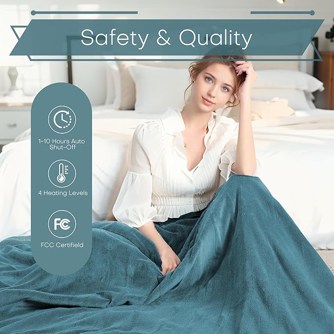 Electric Heated Blanket Queen Size 84"x90" - Coral Fleece & Sherpa Fabric Dual-Sided, 4 Heat Settings & 10 Hours Auto Off, Soft Warming Throw for Home, Office, or Bed, Machine Washable, Lake Green