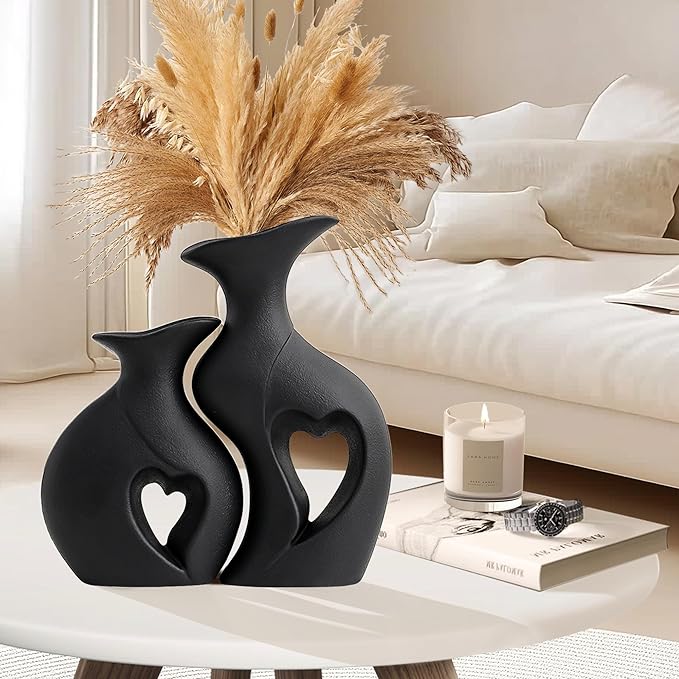 XL Black Snuggle Hollow Ceramic Vase Set of 2,Minimalist Decorative Modern Vases,Heart Shaped Flower Vase for Home Decor (XL Black W 9.7" X H 10.1")