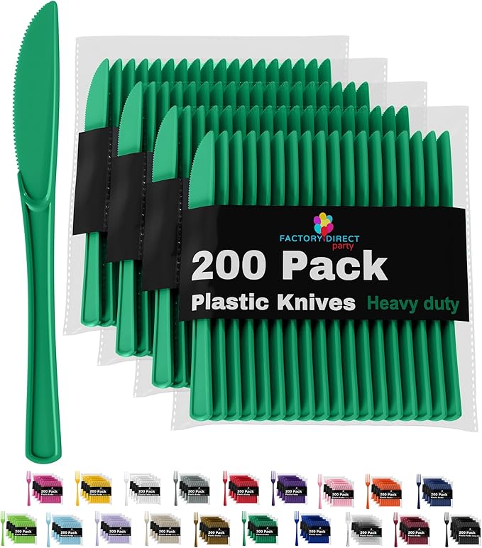 Party Solids Emerald Green Plastic Knives 200 Pcs Green Knives Disposable Utensils Heavy Duty Plastic Cutlery Set Disposable Cutlery Sets Flatware Sets Silverware Set Party Supplies & Party Tableware