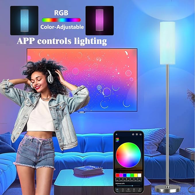 Smart LED Floor Lamp with APP Control & RGB Colors - Dimmable Standing Lamp for Living Room, Bedroom, Gaming - Remote, Timer, 9W Bulb Included, 67" Modern Tall Lamp (Silver Beige)