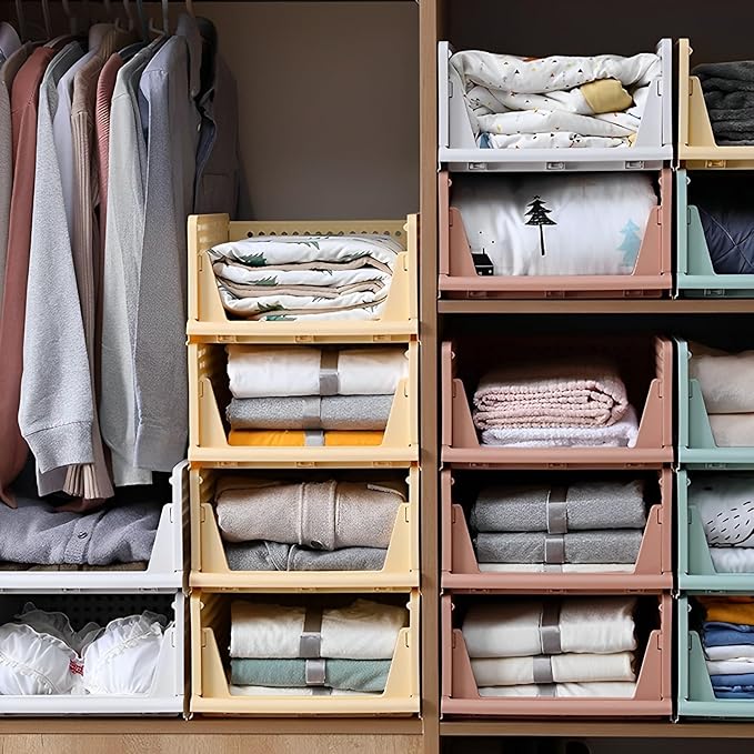 5 Pack Folding Closet Organizers Storage Box, Stackable Storage Bins, Plastic Drawer Basket Closet Storage for Wardrobe Cupboard Kitchen Bathroom Office 5L (Pink)