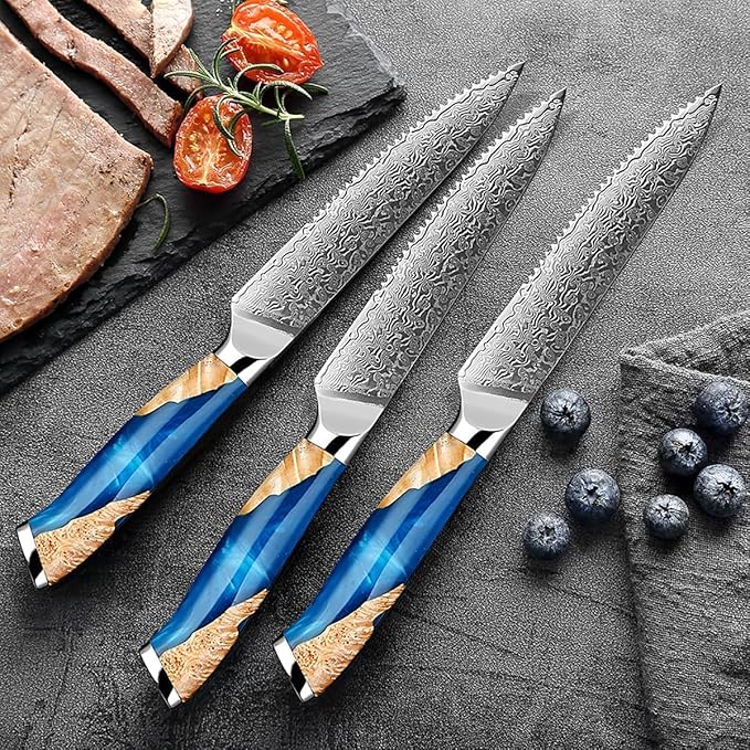 Damascus Steel Steak Knife, Resin Wood Handle, Stainless Steel Western Style Steak Knives of 12, Kitchen Serrated Set Knife Slicing & Cutting