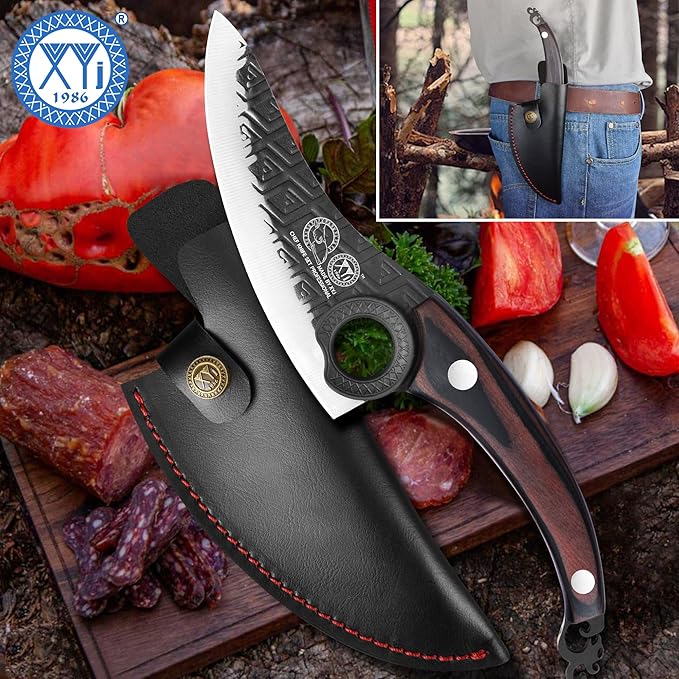 XYJ FULL TANG 6 Inch Boning Knife With Sheath, Stainless Steel Portable Chef Fishing Knife Wood Handle, Meat Cleaver Butcher Knife For Kitchen Camping Outdoor BBQ