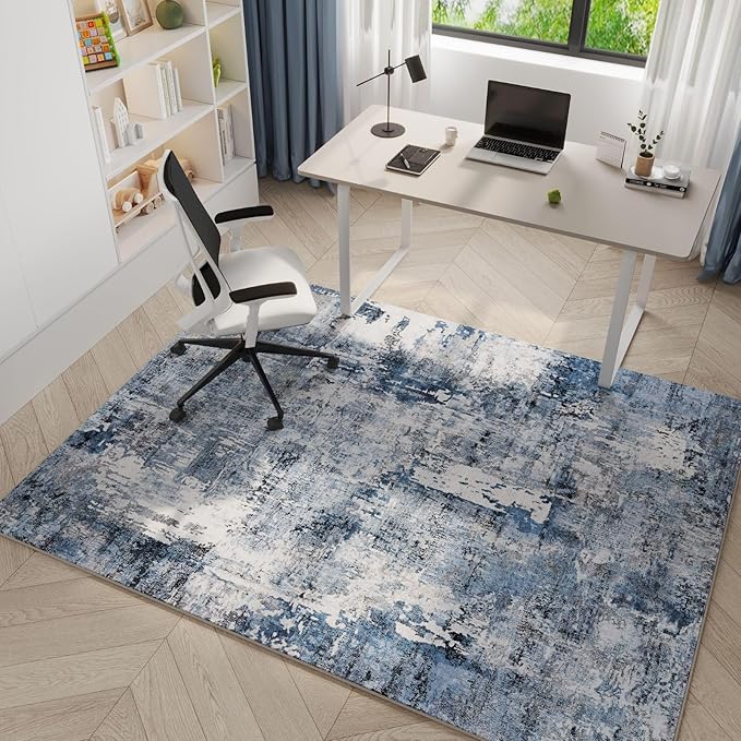 Rugcomf 4x6 Rug Washable Boho Soft Area Rug Abstract Pattern Non-Slip Faux Wool Vintage Rug for Living Room, Bedroom Rug, Farmhouse, Dining Room, Indoor, Kids Playroom, Blue