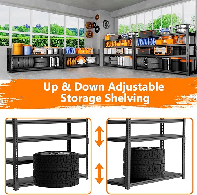 Storage Shelves Heavy Duty, 48"L x 18"W x 72"H Garage Storage Shelves Unit Loads 2960LBS, 4-tier Adjustable Metal Industrial Utility Shelf Rack for Kitchen, Laundry Room, Pantry, Warehouse, Basement