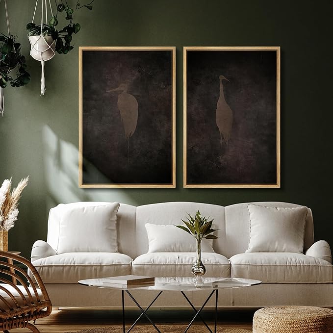 SIGNFORD Framed Canvas Print Wall Art Set Abstract Crane Silhouettes Vintage Dark Tones Illustration Modern Art Decorative Nordic Nature for Living Room, Bedroom, Office - 16"x24"x2 Natural