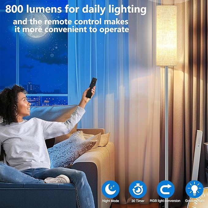Smart LED Floor Lamp with APP Control & RGB Colors - Dimmable Standing Lamp for Living Room, Bedroom, Gaming - Remote, Timer, 9W Bulb Included, 67" Modern Tall Lamp (Silver Beige)