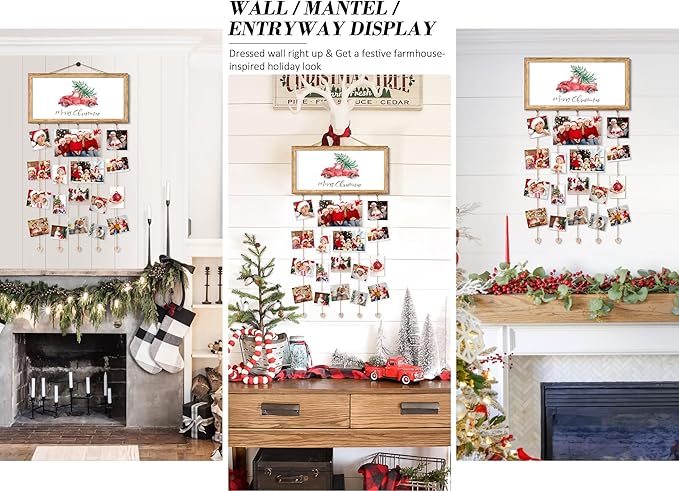 Wooden Family Christmas Card Display - Wall Hanging Sign & Photo Collage Holder for Living Room, Bedroom & Entryway