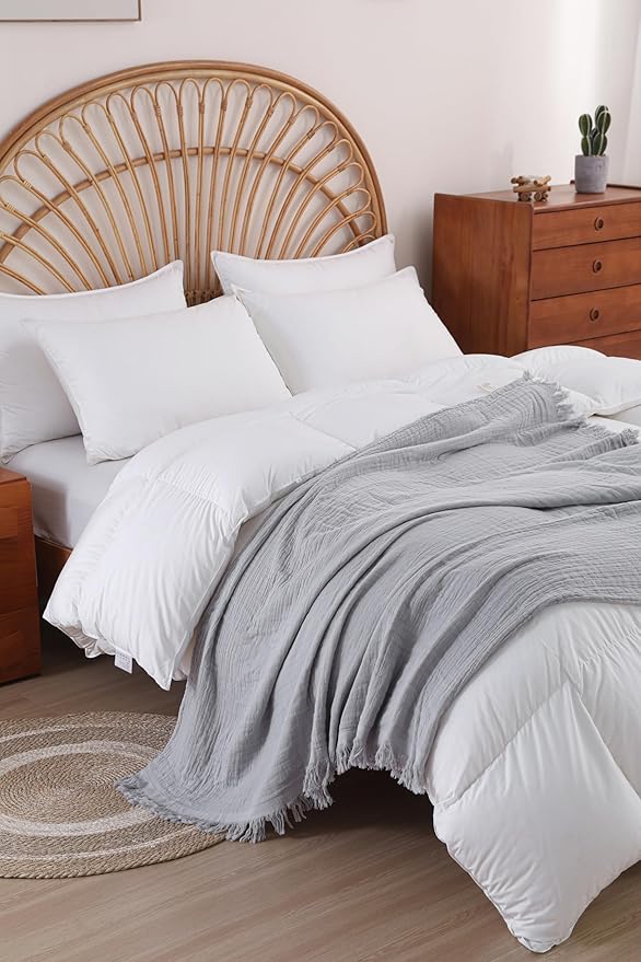 100% Cotton Muslin Throw Blanket for Bed, Couch, Small, Decorative, Soft, Pre-Washed, Breathable and Lightweight Gauze Blanket with Tassels, Suitable for All Seasons, Light Grey, 50"x60"