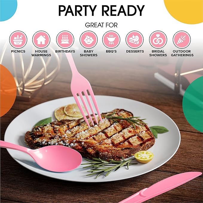 Party Solids Pink Plastic Knives 200 Pieces Pink Knives Disposable Utensils Heavy Duty Plastic Cutlery Set Disposable Cutlery Sets Flatware Sets Silverware Set Party Supplies & Party Tableware