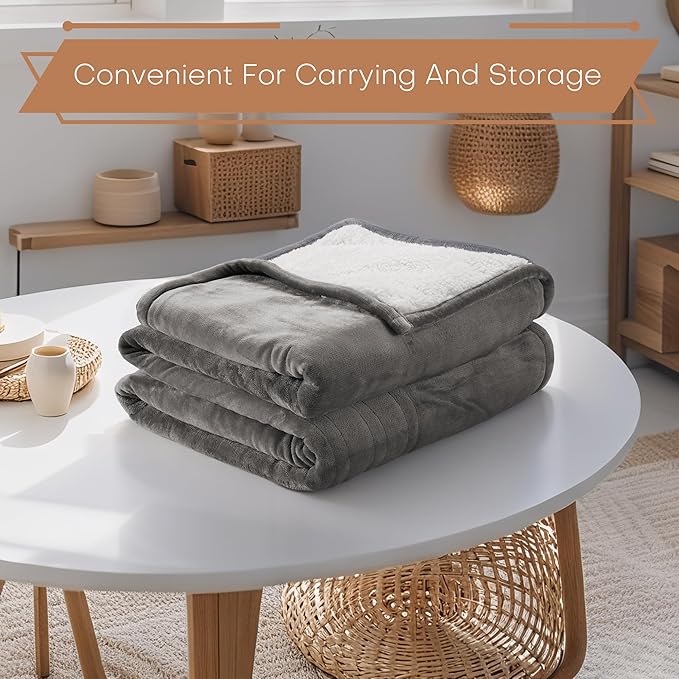Electric Heated Blanket Twin Size 62"x84" - Flannel & Sherpa Fabric Dual-Sided, 6 Heat Settings & 10 Hours Auto Off, Soft & Cozy Warming Throw for Home, Office, or Bed, Machine Washable, Light Gray