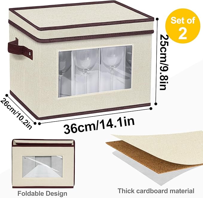 homyfort 2 Pack Wine Glass Storage Box with Dividers, Stemware Storage Case Organizer, China Crystal Glass Storage Containers for 24 Goblets (Beige)