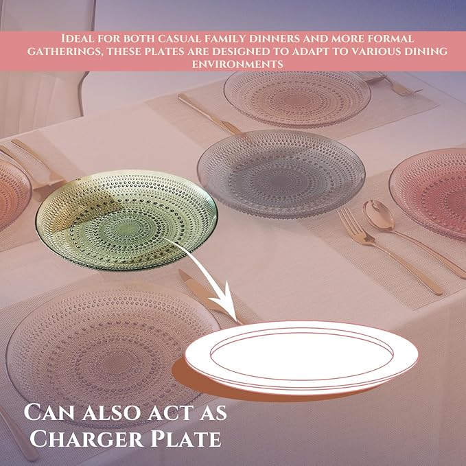 Khen Art Deco Vintage Crystal Glass Plates, Set of 6, 10.5' Dinner Plates - Dessert, Server Appetizer Plate, Snack Fruit, Side Serveware, Dishwasher Safe, 100%, Borosilicate Glass