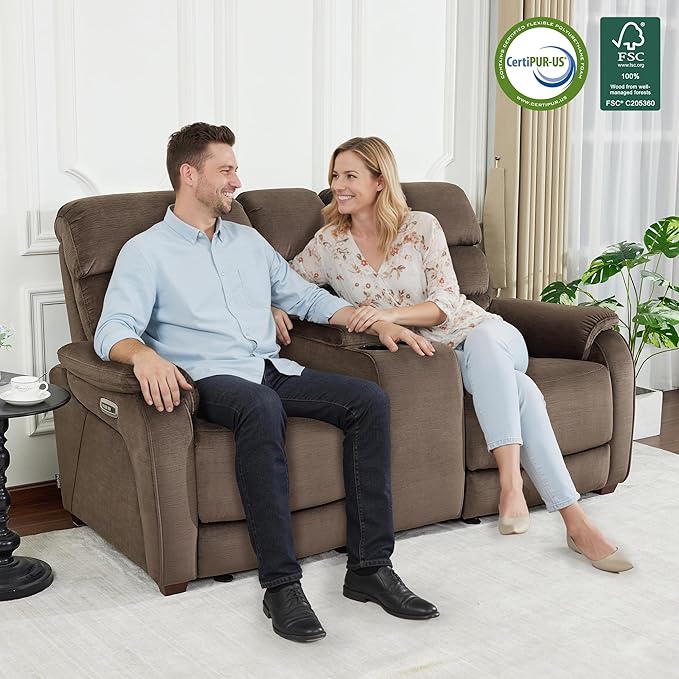 MCombo Zero Wall Recliner Loveseat with Console, Power Recliner Loveseat with Adjustable Headrest, USB A & C Charge Ports, Cup Holders, for Living Room, RVs, Small Spaces (Fabric, ST258M2, Coffee)