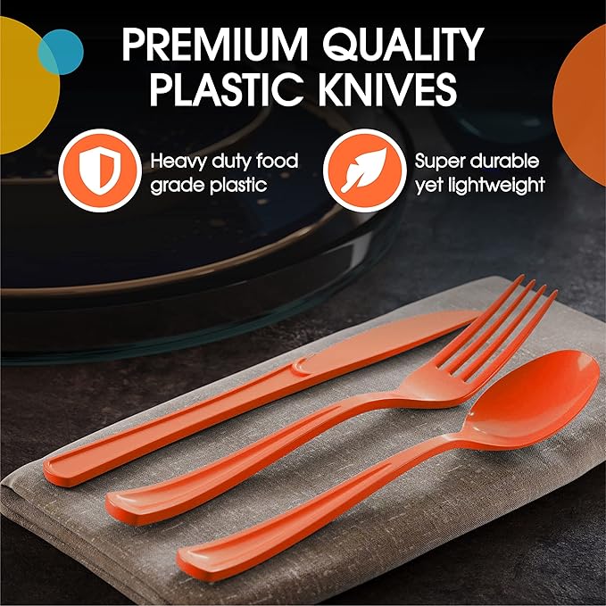 Party Solids Orange Plastic Knives 200 Pcs Orange Knives Disposable Utensils Heavy Duty Plastic Cutlery Set Disposable Cutlery Sets Flatware Sets Silverware Set Party Supplies & Party Tableware