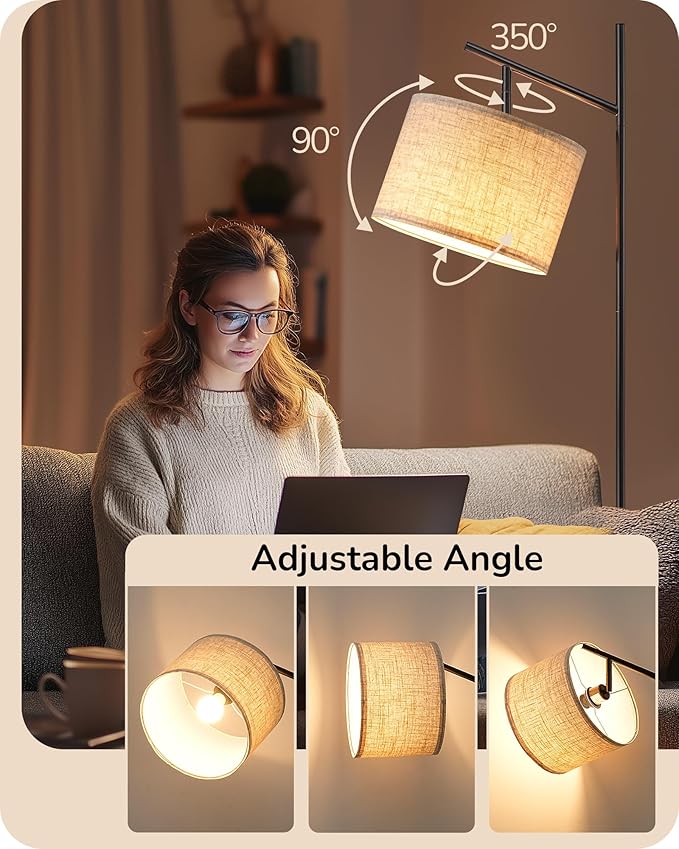 EDISHINE Modern Floor Lamps for Living Room, 64.7" Minimalist Standing Lamp with 3 Color Temperatures Bulb & Adjustable Linen Shade, Foot Pedal Switch, Arc Tall Lamp for Bedroom Office, Black