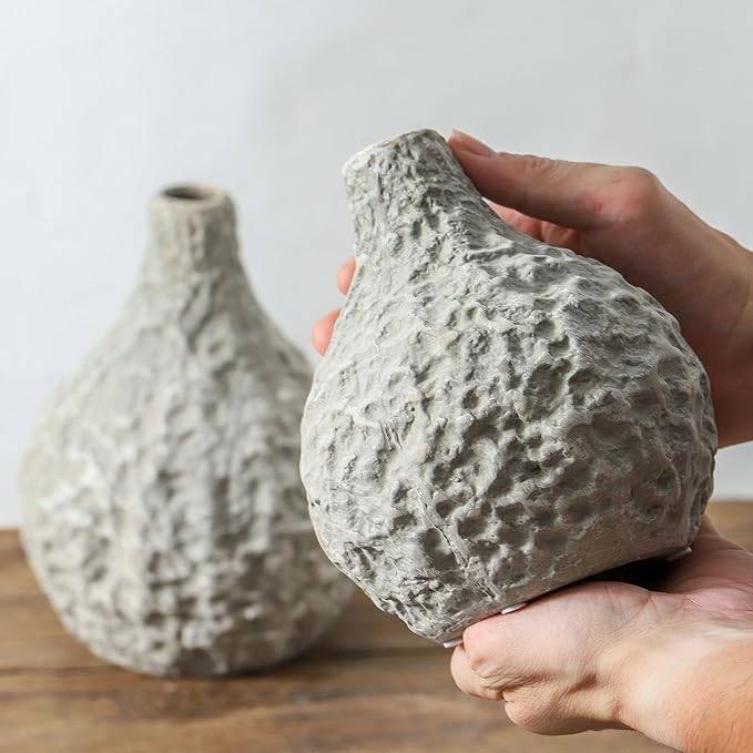 Stone Vases,Ceramic Bud Vase Set of 2,Minimalist Vases for Pampas Grass,Modern Vase for Wabi Sabi Home Decor, Shelf Decoration,Fireplace Decor,Coffee Table Decor