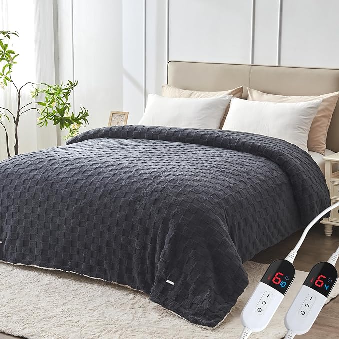 Electric Heated Blanket Queen Size Dual Control - Jacquard Checkered Sherpa 84"x90" Fast Heating Bed Blankets with 6 Heating Levels & 10 Hours Auto Off, Over-Heat Protection ETL, Dark Gray