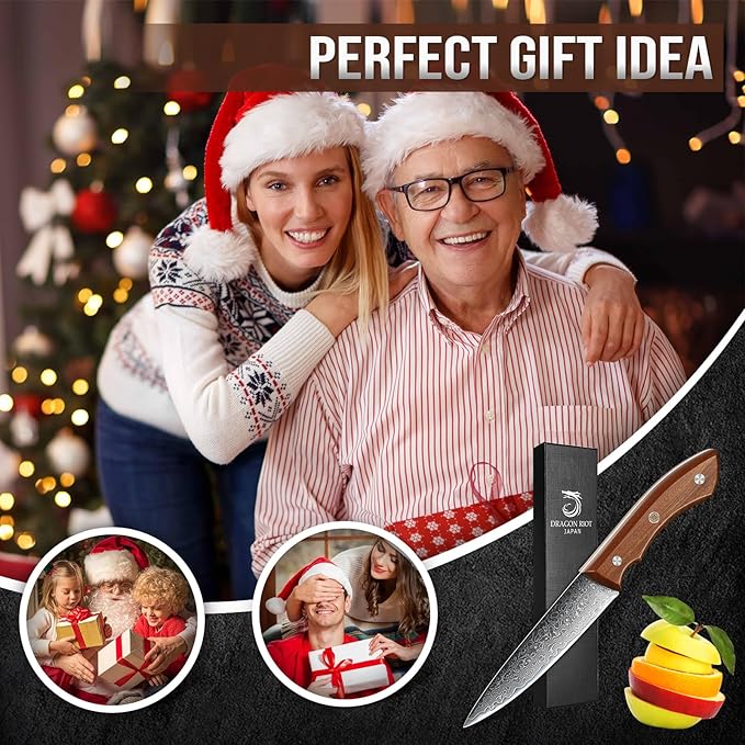 DRAGON RIOT Damascus Paring Knife 5 inch, VG-10 Damascus Steel Fruit Knife, Japanese Peeling Knife with Ergonomic Wood Handle, Multipurpose Kitchen Knife for Cutting Fruit Vegetables