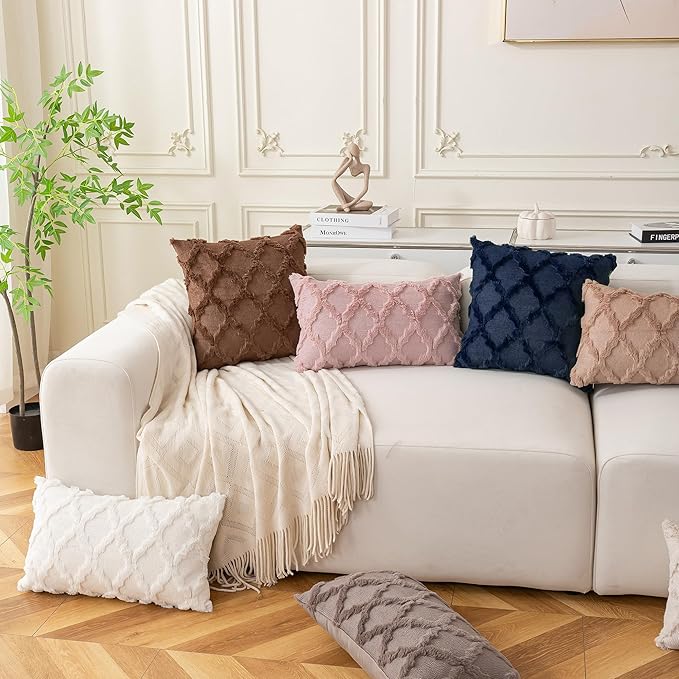 Set of 2 Soft Moroccan Throw Pillow Covers 18x18 Inch Plush Boho Decorative Pillow Cover Accent Cushion Case for Couch Sofa Bed, Navy Blue