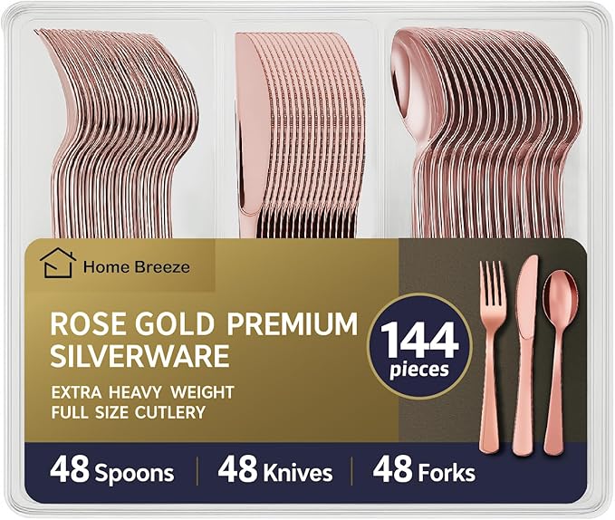 144 Pack Rose Gold Premium Plastic Cutlery Disposable Silverware Set - 48 Forks, 48 Knives, 48 Spoons - For Catering, Parties, Dinners, Weddings, and Everyday Use, Plastic box packaging