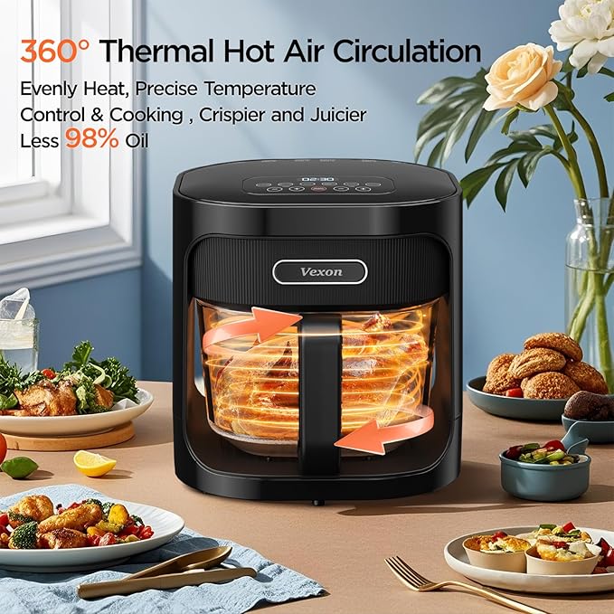 Vexon 4.5L Glass Air Fryer ,Clear Viewing Window ,Easy-to-Clean Basket ,Multiple Cooking Modes ,User-Friendly Digital Controls (Black)