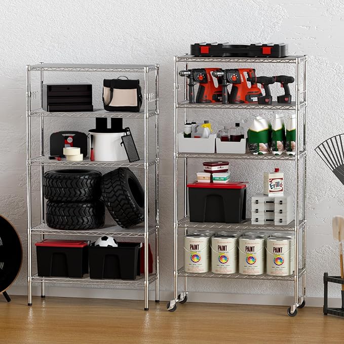 YNN Storage Shelves,1750Lbs 5 Tier Heavy Duty Metal Rolling Shelving Unit with Wheels & 8 Hooks, Adjustable Garage Wire Rack for Kitchen, Bathroom,Industrial,Pantry(36" W x 14" D x 72" H, Chrome)