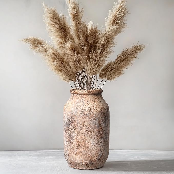 Rustic Terracotta Vase, Farmhouse Ceramic Vase, Decorative Clay Vintage Vases for Home Decor, Living Room,Table, Shelf Decor, 9 inch, Brown