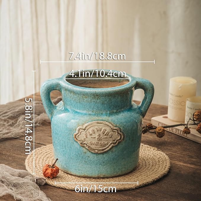 Blue Rustic Ceramic Vase, 5.8 Inch Distressed Wide Mouth Vase with Ice Cracked Glazed, Farmhouse Vintage Flower Vases for Home Office Decor Living Room Bedroom Table Centerpiece Decorations