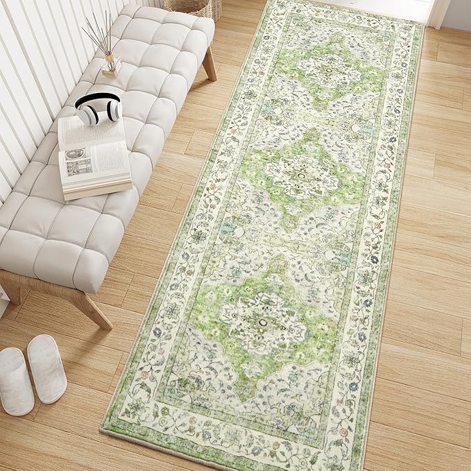 Topllen Runner Rug - 2'x6' Boho Washable Kitchen Rug, Non-Slip Soft Low Pile Rugs Indoor for Entrance Living Room Bedroom Bathroom,Vintage Throw Hallway Carpet Stain Resistance (Green, 2x6ft)