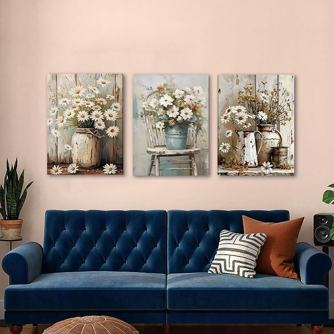 DUWQU 3 PCS Elegant Farmhouse Canvas Wall Art, Vintage Floral Pictures Art Wall Decor, Nature Themed Daisy Art Prints for Living Room Bedroom Kitchen and Office Ready to Hang 16×24 Inches