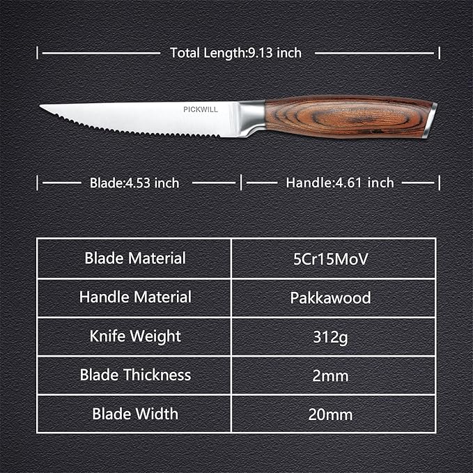 Steak Knives,Steak Knives Set of 4, Ergonomic Wood Handle, 4.5 Inch High Carbon Stainless Steel Serrated Steak Knives Set with Gift Box