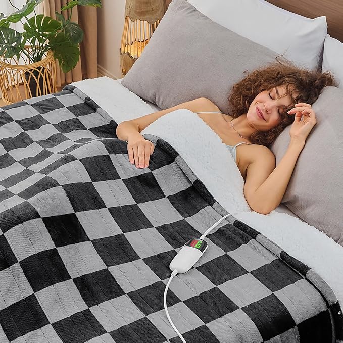 Heated Electric Blanket Twin Size, 62X84 Heating Blanket with 10 Heat Level & 8 Hours Auto Off, Black Gray Checkered Plaid Soft Fleece Sherpa Blankets Warmer Gifts for Couch Grandma Women Adults, ETL