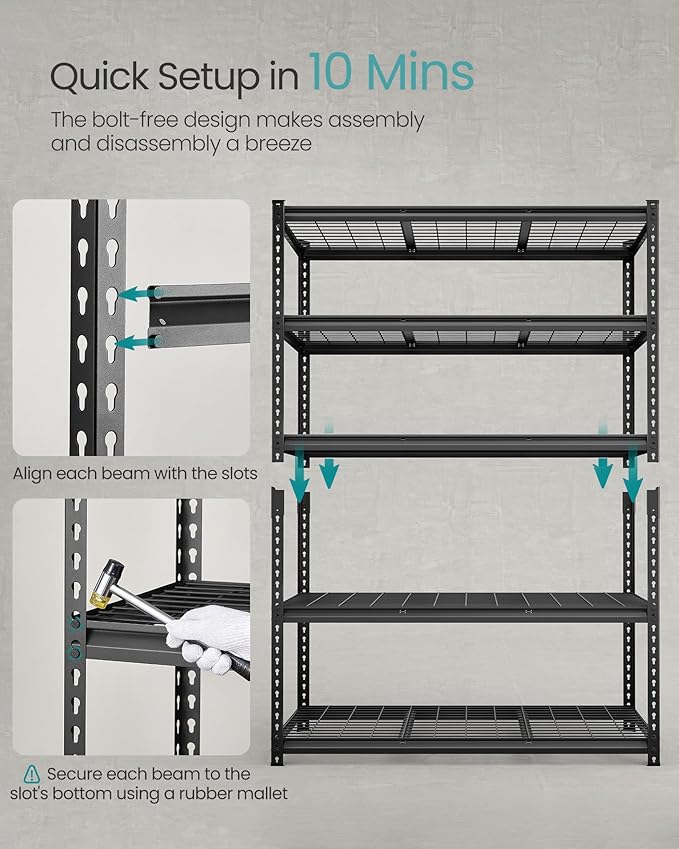 SONGMICS 5-Tier Storage Shelves, Heavy-Duty Garage Shelving, Adjustable Shelving Unit, Steel Shelf, Boltless Assembly, for Garage, 2,200 lb Load, 24 x 48 x 72 Inches, Ink Black UGLR454B01
