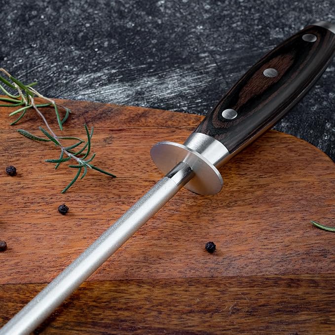 SENKEN Professional Emery Knife Sharpening Steel - Incredibly Strong Emery Rod for Sharpening & Honing Knives Up to 63 HRC Including All Damascus Knives (Smoothly Finished Wood)