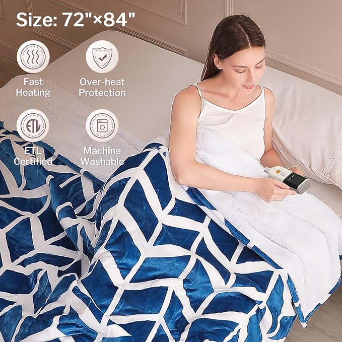 VENTIMI Electric Blanket Heated Throw, 72" x 84" Heated Blanket with 9 Heat Levels & 2 to 10 Hours Auto Off, Fast Heating Blankets with ETL & FCC Certification, Navy