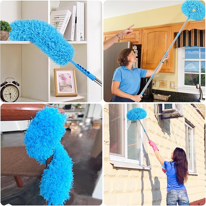 Ceiling Fan Cleaner Duster Reusable Microfiber Removable Duster with Extension Pole Adjusts 12 to 71 Inch for Cleaning Walls Bookshelves Furniture Door Window Top (Blue)