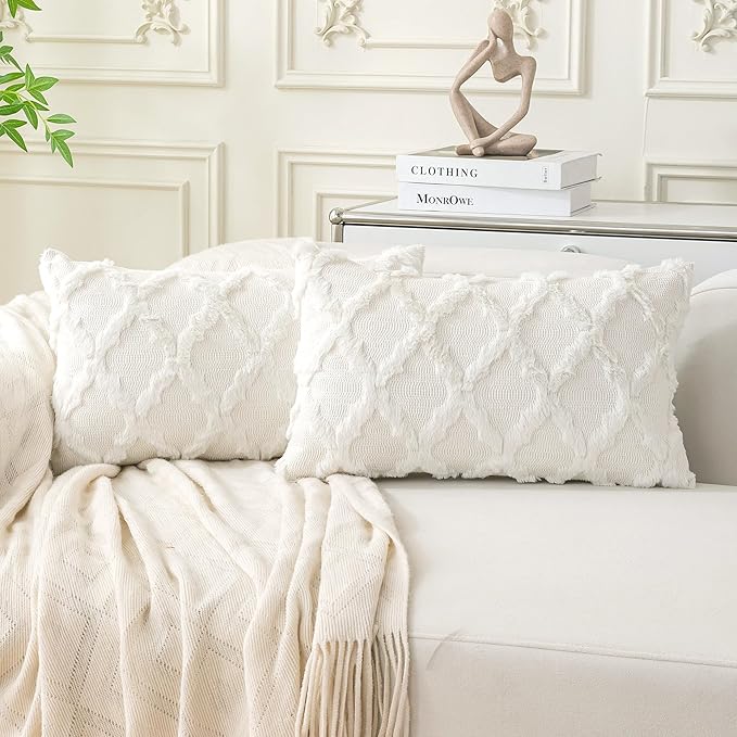 Set of 2 Soft Moroccan Throw Pillow Covers 12x20 Inch Plush Boho Decorative Pillow Cover Accent Cushion Case for Couch Sofa Bed, Cream White