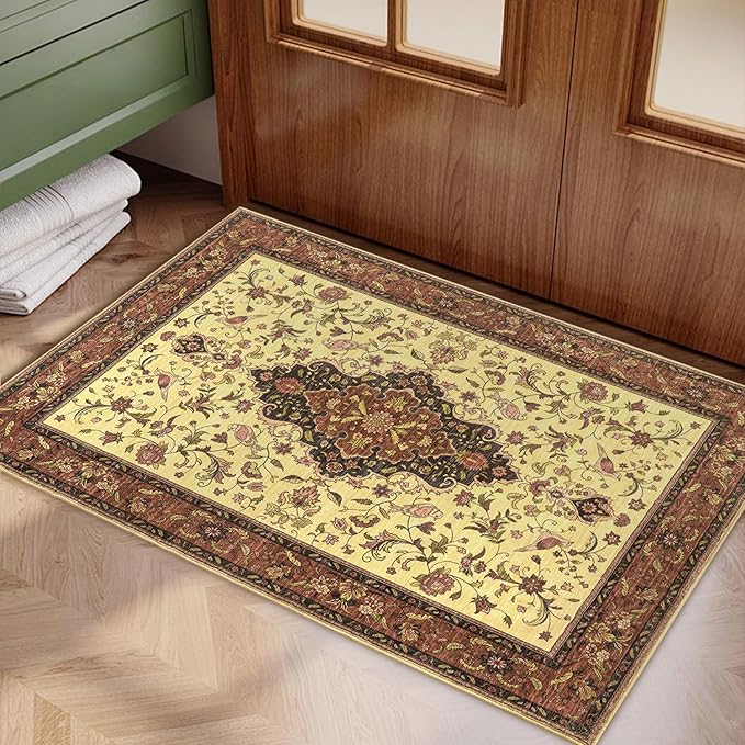Topllen Washable Area Rug - 5'x7' Boho Living Room Rug, Non-Slip Soft Rugs Indoor for Bedroom Dining Room Office, Vintage Throw Large Carpet Stain Resistance (Red, 5x7ft)