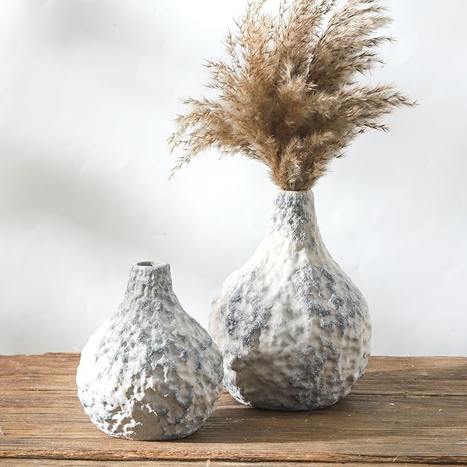 Stone Vases Set of 2, Ceramic Bud Vase Minimalist Vases for Pampas Grass,Modern Vase for Wabi Sabi Home Decor, Shelf Decoration,Fireplace Decor,Coffee Table Decor