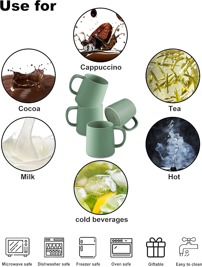 T-WARE 16 Oz Coffee Mugs, Matte Sage Green Mug Set of 4, Ceramic Mugs Coffee, Solid Color Coffee Cups Ceramic