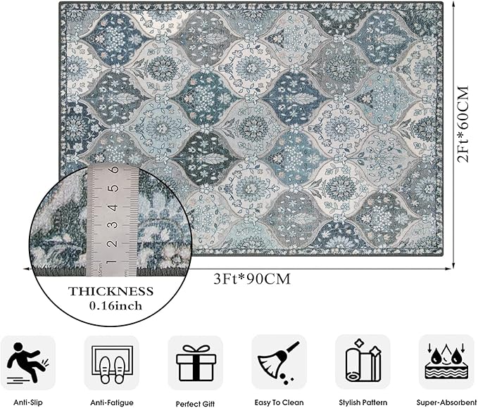 Lahome Moroccan Trellis Front Door Mat Indoor Entrance, 2x3 Rugs for Entryway Non-Slip Washable Indoor Door Mat, Oriental Accent Small Rug for Kitchen Bedroom Bathroom, Blue