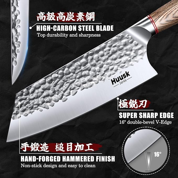 Huusk Japanese Kitchen Knife Set, 3-Piece Professional Chef Knives Set for Kitchen, Hand Forged Butcher Knife Set for Meat Cutting, Meat Cleaver Boning Knife with Pakkawood Handle, Gift for Men