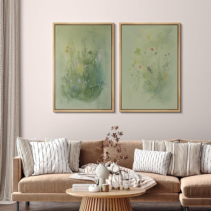 SIGNFORD Framed Canvas Print Wall Art Set Whimsical Green Wildflower Illustration Modern Art Decorative Nordic Nature for Living Room, Bedroom, Office - 24"x36"x2 Natural