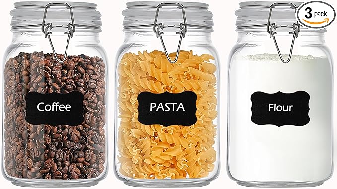 50oz Square Glass Food Storage Jars Storage Container with Clear Preserving Seal Wire Clip Fastening for Kitchen Canning Flour, Cereal, Pasta, Sugar, Beans