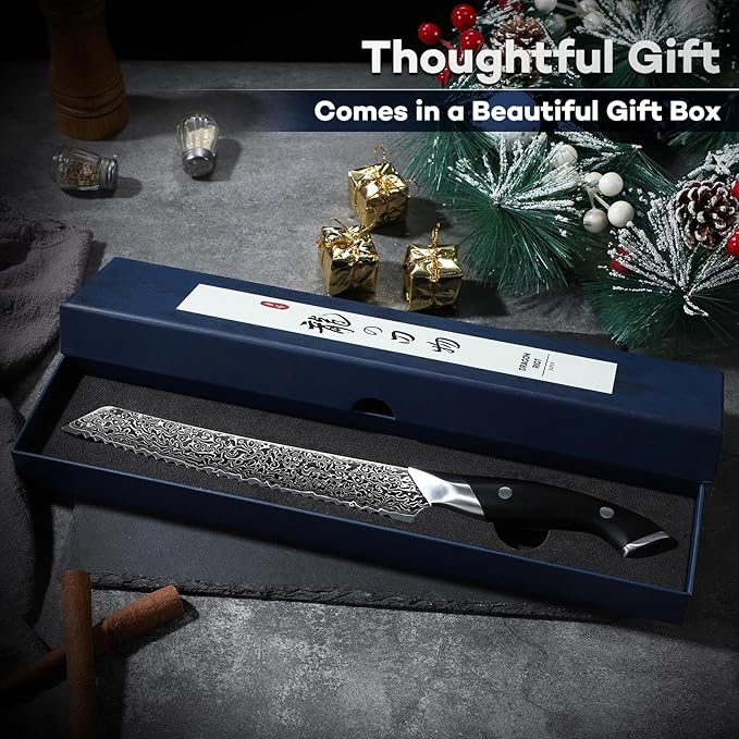 DRAGON RIOT 8 Inch Bread Knife with Damascus Pattern, VG10 Steel Core, High Carbon Stainless Steel Serrated Blade, Ergonomic Curved Handle, Easy to Clean, Kitchen & Baking Gift